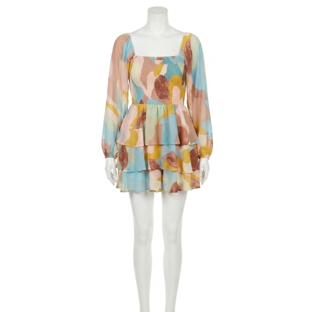 NEW ENTRO printed square neck tiered romper in mocha combo